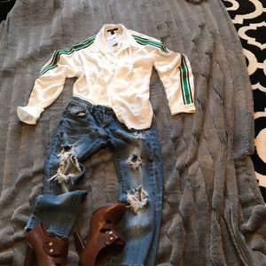 White blouse with green and black stripes New